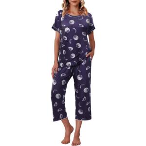 image:imageEkouaer Womens Capri Pajama Sets Print Short Sleeve Sleepwear Top and Capri Pants Soft Loungewear with PocketNavy Blue Moon
