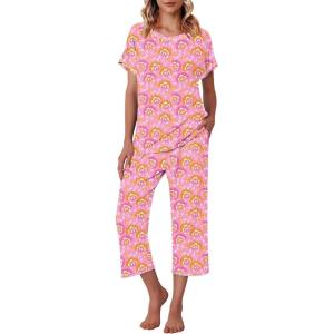 image:imageEkouaer Womens Capri Pajama Sets Print Short Sleeve Sleepwear Top and Capri Pants Soft Loungewear with PocketPink Cashew Flower Print
