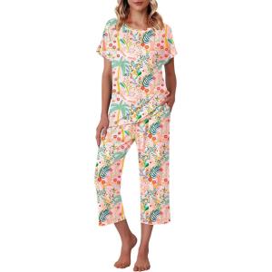 image:imageEkouaer Womens Capri Pajama Sets Print Short Sleeve Sleepwear Top and Capri Pants Soft Loungewear with PocketPink Flower and Bird Print