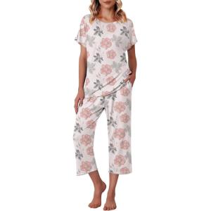 image:imageEkouaer Womens Capri Pajama Sets Print Short Sleeve Sleepwear Top and Capri Pants Soft Loungewear with PocketPink Flowers