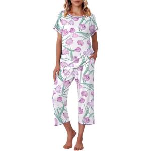 image:imageEkouaer Womens Capri Pajama Sets Print Short Sleeve Sleepwear Top and Capri Pants Soft Loungewear with PocketPurple Flower Branches