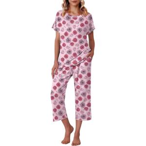 image:imageEkouaer Womens Capri Pajama Sets Print Short Sleeve Sleepwear Top and Capri Pants Soft Loungewear with PocketRed Rose Printed