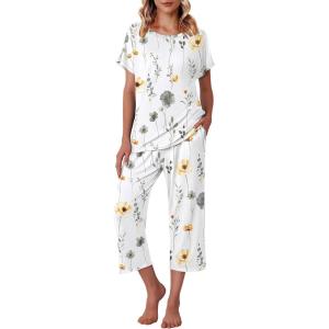 image:imageEkouaer Womens Capri Pajama Sets Print Short Sleeve Sleepwear Top and Capri Pants Soft Loungewear with PocketWhite Flowers Print