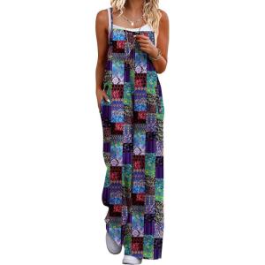 image:imageEkouaer Womens Causal Sleeveless Jumpsuits Summer Boho Wide Leg Floral Rompers Overalls with PocketsA Blue Boho Print