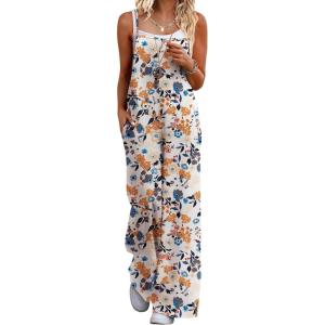 image:imageEkouaer Womens Causal Sleeveless Jumpsuits Summer Boho Wide Leg Floral Rompers Overalls with PocketsBlue Beige Floral