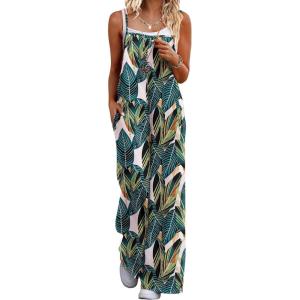 image:imageEkouaer Womens Causal Sleeveless Jumpsuits Summer Boho Wide Leg Floral Rompers Overalls with PocketsGrenn White Leaves