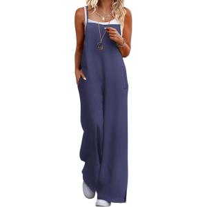 image:imageEkouaer Womens Causal Sleeveless Jumpsuits Summer Boho Wide Leg Floral Rompers Overalls with PocketsNavy Blue