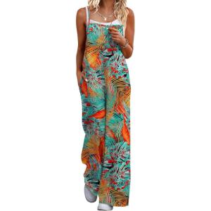 image:imageEkouaer Womens Causal Sleeveless Jumpsuits Summer Boho Wide Leg Floral Rompers Overalls with PocketsPlant Leaves Floral