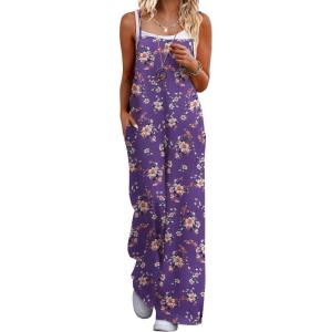 image:imageEkouaer Womens Causal Sleeveless Jumpsuits Summer Boho Wide Leg Floral Rompers Overalls with PocketsPurple Floral