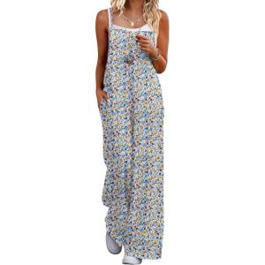 image:imageEkouaer Womens Causal Sleeveless Jumpsuits Summer Boho Wide Leg Floral Rompers Overalls with PocketsWhite Daisy Floral