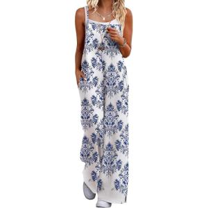 image:imageEkouaer Womens Causal Sleeveless Jumpsuits Summer Boho Wide Leg Floral Rompers Overalls with PocketsWhite Italian Print