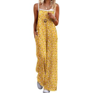 image:imageEkouaer Womens Causal Sleeveless Jumpsuits Summer Boho Wide Leg Floral Rompers Overalls with PocketsWhite Yellow Floral