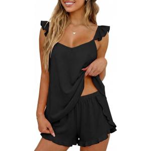 image:imageEkouaer Womens Pajama Sets Ruffle Cami Top and Shorts 2 Piece Lounge Set Sleepwear Summer Comfy Cute Bridal Pajama for WomenBlack