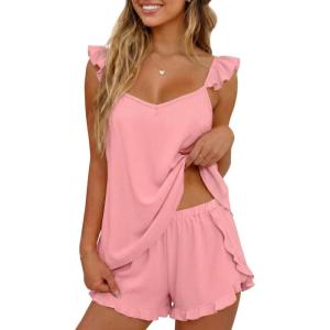 image:imageEkouaer Womens Pajama Sets Ruffle Cami Top and Shorts 2 Piece Lounge Set Sleepwear Summer Comfy Cute Bridal Pajama for WomenBlush Pink
