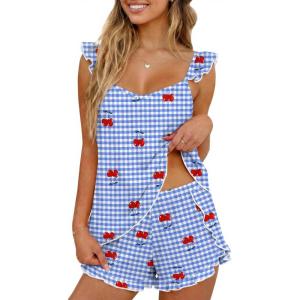 image:imageEkouaer Womens Pajama Sets Ruffle Cami Top and Shorts 2 Piece Lounge Set Sleepwear Summer Comfy Cute Bridal Pajama for WomenGingham Cherry