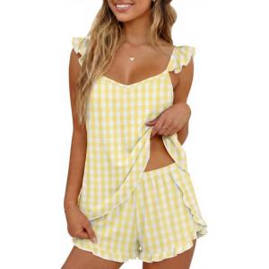 image:imageEkouaer Womens Pajama Sets Ruffle Cami Top and Shorts 2 Piece Lounge Set Sleepwear Summer Comfy Cute Bridal Pajama for WomenGingham Yellow