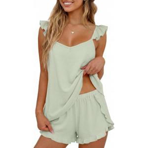 image:imageEkouaer Womens Pajama Sets Ruffle Cami Top and Shorts 2 Piece Lounge Set Sleepwear Summer Comfy Cute Bridal Pajama for WomenSage Green