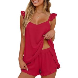 image:imageEkouaer Womens Pajama Sets Ruffle Cami Top and Shorts 2 Piece Lounge Set Sleepwear Summer Comfy Cute Bridal Pajama for WomenWine Red