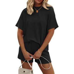 image:imageEkouaer Womens Pajama Sets Short Sleeve Lounge Sets 2 Piece Pjs Tops and Shorts Outfits Matching Loungewear with PocketsBlack