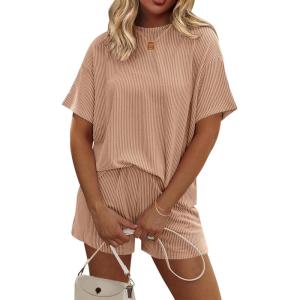 image:imageEkouaer Womens Pajama Sets Short Sleeve Lounge Sets 2 Piece Pjs Tops and Shorts Outfits Matching Loungewear with PocketsBrown