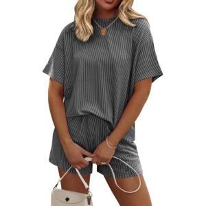 image:imageEkouaer Womens Pajama Sets Short Sleeve Lounge Sets 2 Piece Pjs Tops and Shorts Outfits Matching Loungewear with PocketsDark Grey