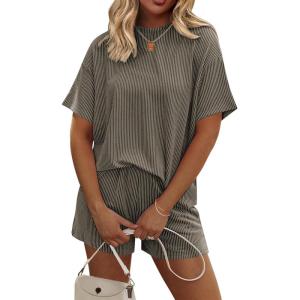 image:imageEkouaer Womens Pajama Sets Short Sleeve Lounge Sets 2 Piece Pjs Tops and Shorts Outfits Matching Loungewear with PocketsDark Olive Green