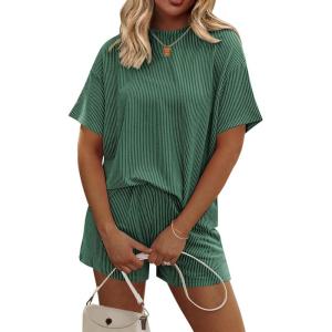 image:imageEkouaer Womens Pajama Sets Short Sleeve Lounge Sets 2 Piece Pjs Tops and Shorts Outfits Matching Loungewear with PocketsForestgreen