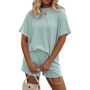 image:imageEkouaer Womens Pajama Sets Short Sleeve Lounge Sets 2 Piece Pjs Tops and Shorts Outfits Matching Loungewear with PocketsGlacial Green