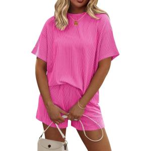 image:imageEkouaer Womens Pajama Sets Short Sleeve Lounge Sets 2 Piece Pjs Tops and Shorts Outfits Matching Loungewear with PocketsHot Pink