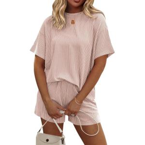 image:imageEkouaer Womens Pajama Sets Short Sleeve Lounge Sets 2 Piece Pjs Tops and Shorts Outfits Matching Loungewear with PocketsLight Khaki