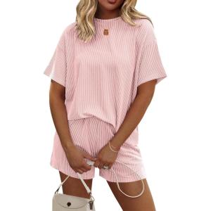 image:imageEkouaer Womens Pajama Sets Short Sleeve Lounge Sets 2 Piece Pjs Tops and Shorts Outfits Matching Loungewear with PocketsLight Pink