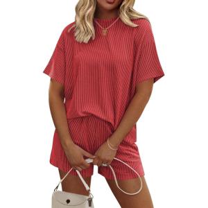 image:imageEkouaer Womens Pajama Sets Short Sleeve Lounge Sets 2 Piece Pjs Tops and Shorts Outfits Matching Loungewear with PocketsRed