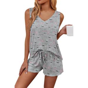 image:imageEkouaer Womens Pajamas Sets Soft Comfy Sleeveless Sleepwear Tank and Shorts Pj Set Summer 2 Piece LoungewearCoffee Cup