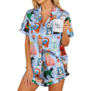 image:imageEkouaer Womens Satin Pajamas Set Button Down 2 Piece Silk Pjs Shorts Set Ruffle Lingerie Notch Collar SleepwearCat Collection