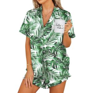 image:imageEkouaer Womens Satin Pajamas Set Button Down 2 Piece Silk Pjs Shorts Set Ruffle Lingerie Notch Collar SleepwearGreen Leaf