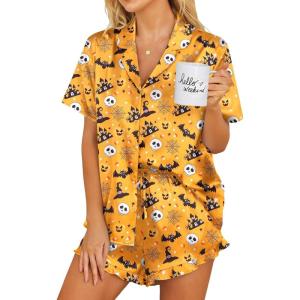 image:imageEkouaer Womens Satin Pajamas Set Button Down 2 Piece Silk Pjs Shorts Set Ruffle Lingerie Notch Collar SleepwearHalloween