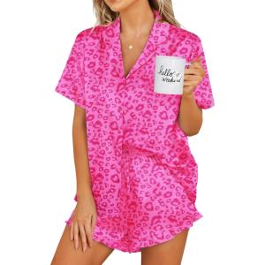 image:imageEkouaer Womens Satin Pajamas Set Button Down 2 Piece Silk Pjs Shorts Set Ruffle Lingerie Notch Collar SleepwearHot Pink Leopard