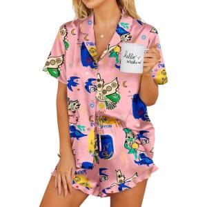 image:imageEkouaer Womens Satin Pajamas Set Button Down 2 Piece Silk Pjs Shorts Set Ruffle Lingerie Notch Collar SleepwearPattern3queen Pink