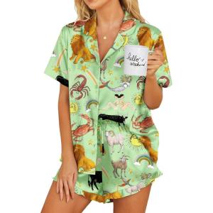 image:imageEkouaer Womens Satin Pajamas Set Button Down 2 Piece Silk Pjs Shorts Set Ruffle Lingerie Notch Collar SleepwearPattern8green Constellation