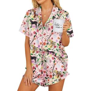 image:imageEkouaer Womens Satin Pajamas Set Button Down 2 Piece Silk Pjs Shorts Set Ruffle Lingerie Notch Collar SleepwearPink Tiger