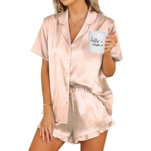 image:imageEkouaer Womens Satin Pajamas Set Button Down 2 Piece Silk Pjs Shorts Set Ruffle Lingerie Notch Collar SleepwearStriped Champagne