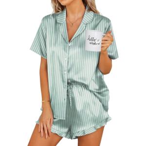 image:imageEkouaer Womens Satin Pajamas Set Button Down 2 Piece Silk Pjs Shorts Set Ruffle Lingerie Notch Collar SleepwearStriped Green