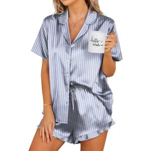 image:imageEkouaer Womens Satin Pajamas Set Button Down 2 Piece Silk Pjs Shorts Set Ruffle Lingerie Notch Collar SleepwearStriped Grey Blue
