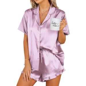 image:imageEkouaer Womens Satin Pajamas Set Button Down 2 Piece Silk Pjs Shorts Set Ruffle Lingerie Notch Collar SleepwearStriped Purple