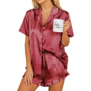 image:imageEkouaer Womens Satin Pajamas Set Button Down 2 Piece Silk Pjs Shorts Set Ruffle Lingerie Notch Collar SleepwearStriped Wine Red