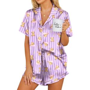 image:imageEkouaer Womens Satin Pajamas Set Button Down 2 Piece Silk Pjs Shorts Set Ruffle Lingerie Notch Collar SleepwearTeddy Bearstriped Purple
