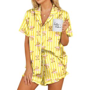 image:imageEkouaer Womens Satin Pajamas Set Button Down 2 Piece Silk Pjs Shorts Set Ruffle Lingerie Notch Collar SleepwearTeddy Bearstriped Yellow