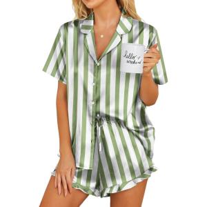 image:imageEkouaer Womens Satin Pajamas Set Button Down 2 Piece Silk Pjs Shorts Set Ruffle Lingerie Notch Collar SleepwearThick Striped Green