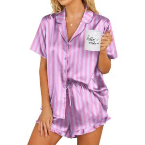 image:imageEkouaer Womens Satin Pajamas Set Button Down 2 Piece Silk Pjs Shorts Set Ruffle Lingerie Notch Collar SleepwearThick Striped Purple