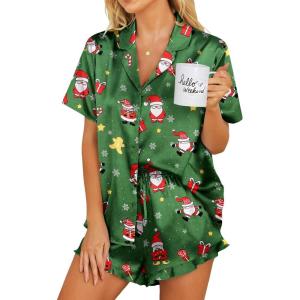 image:imageEkouaer Womens Satin Pajamas Set Button Down 2 Piece Silk Pjs Shorts Set Ruffle Lingerie Notch Collar SleepwearZchristmas Green
